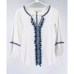 Boden Boho Top White with Blue Embroidery and Tassels Split V Neck Size XS